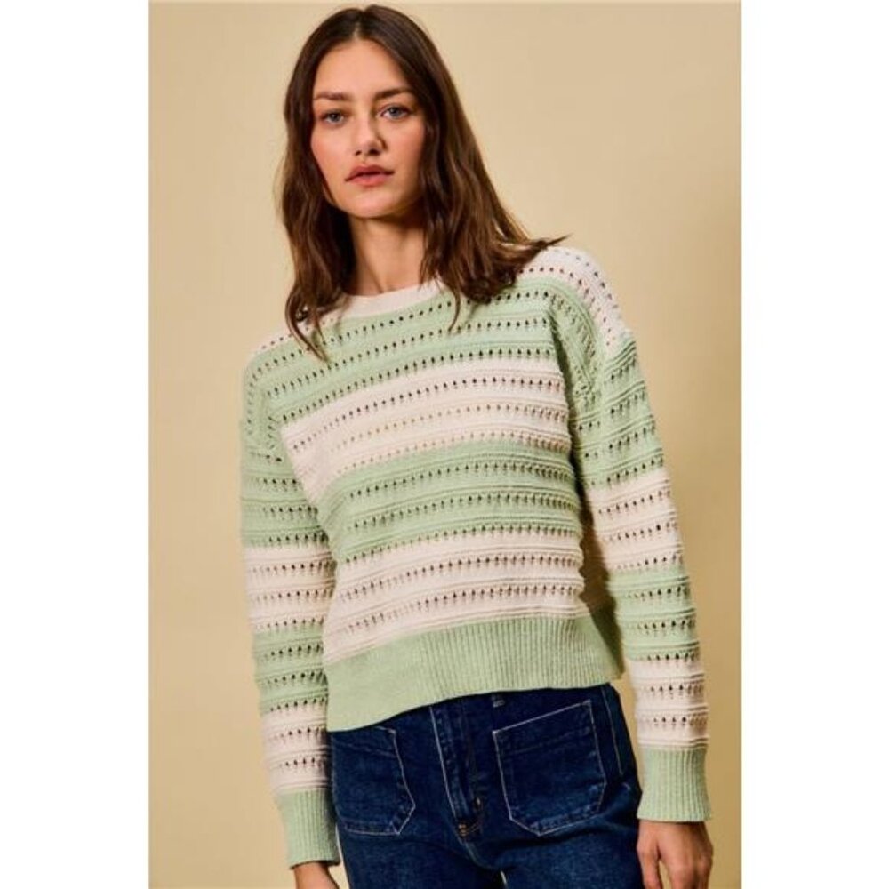 SO ME Openwork Round Neck Wide Stripe Textured Sweater